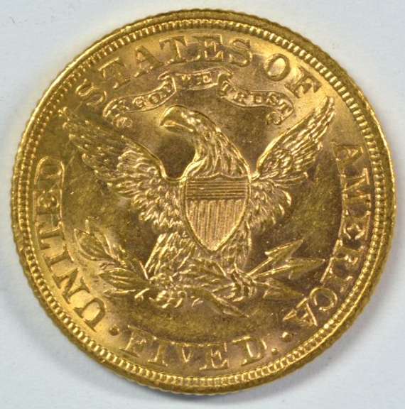 Fresh BU 1885 US $5 Liberty Gold Piece. Full strike