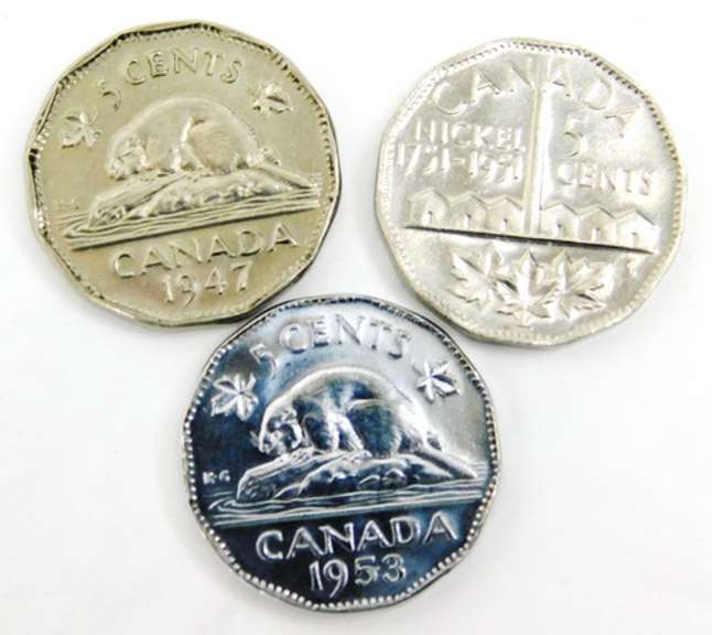 3 Canada Nickels, 1947, 1951, 1953