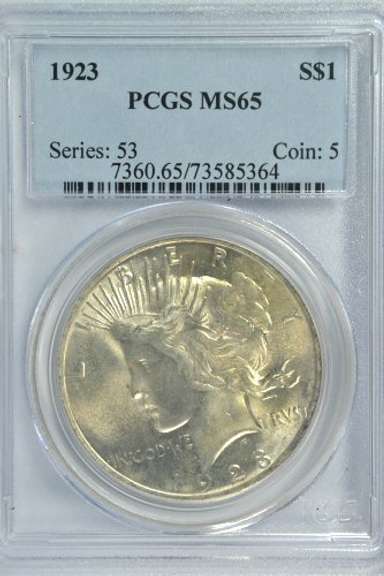 Great Gem BU 1923 Peace Silver Dollar. PCGS MS65