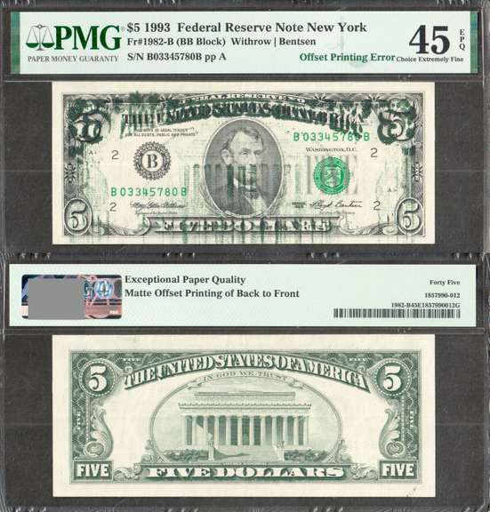 $5 1993 FRN Fr. 1982-B Offset Error Back on Face PMG Choice Extremely Fine 45EPQ