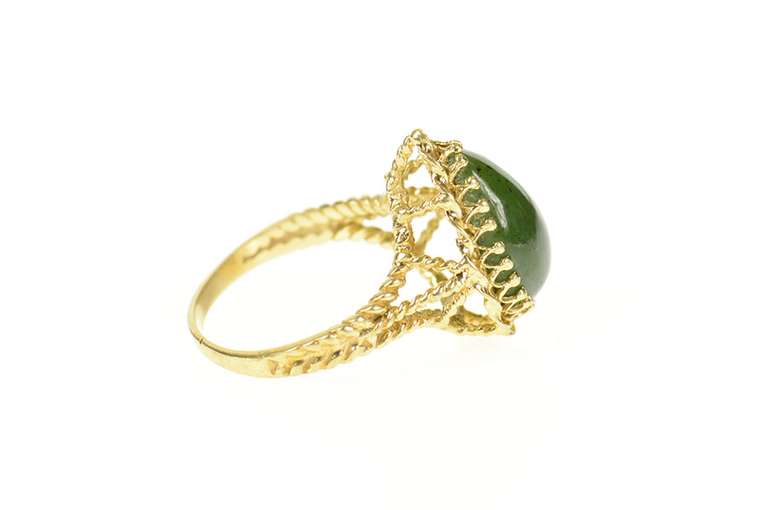 14K Yellow Gold Pear Nephrite Cabochon Retro Statement Ring