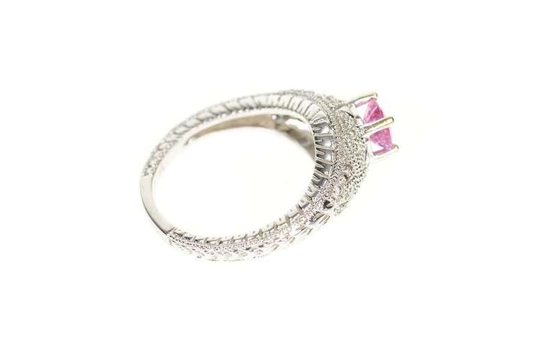 18K White Gold 1.74 Ctw Pink Sapphire Diamond Ornate Etched Ring