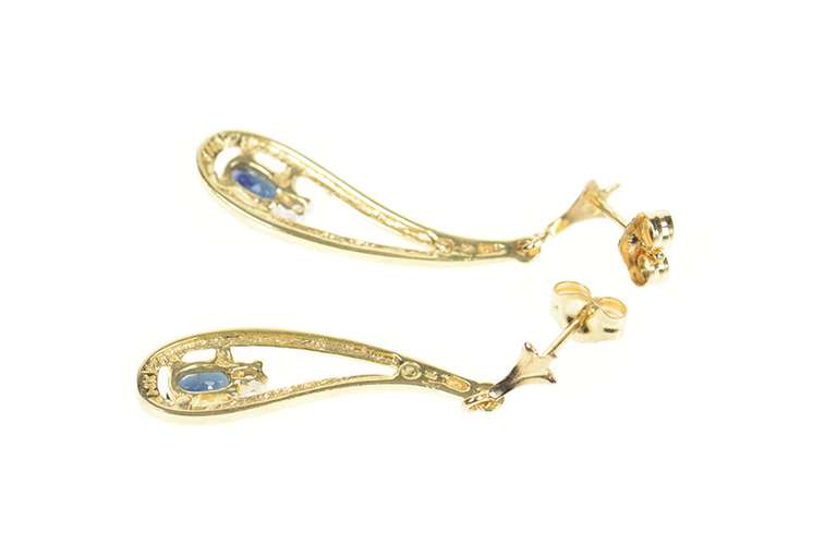 10K Yellow Gold Oval Sapphire Diamond Tear Drop Dangle Earrings