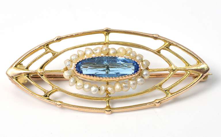 Lovely Vintage Seed Pearl & Crystal Brooch in Yellow Gold