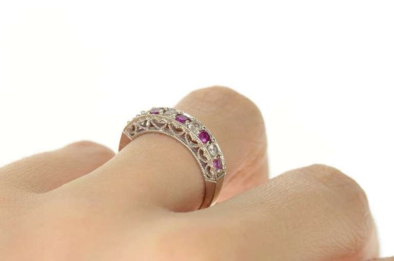 10K White Gold Ornate Heart Filigree Syn. Pink Sapphire CZ Ring