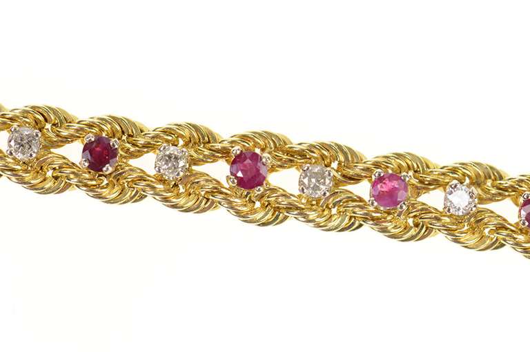 14K Yellow Gold Retro Ruby Diamond Rope Woven Chain Bracelet