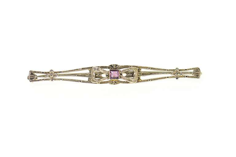 10K White Gold Art Deco Princess Amethyst Etched Bow Bar Pin/Brooch