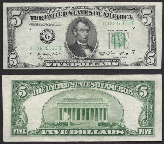 $5 1950-A FRN Chicago lightly circulated
