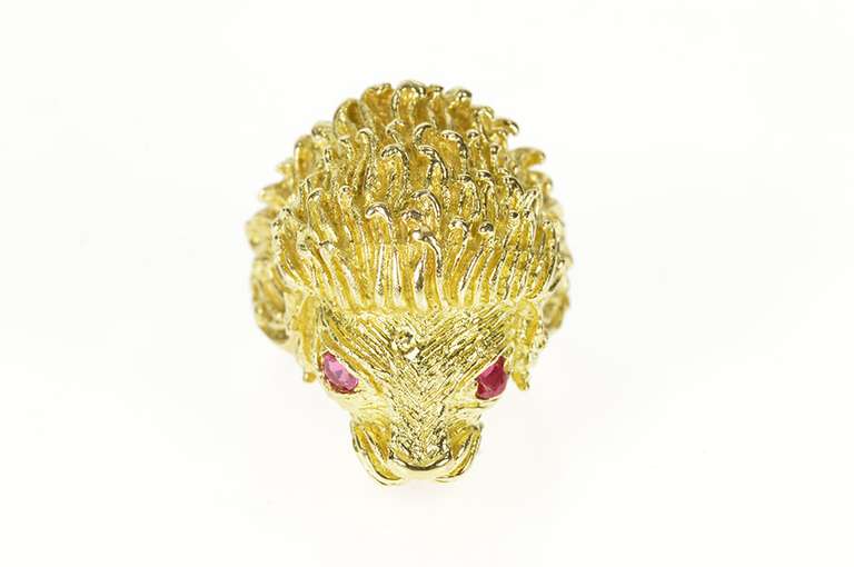 14K Yellow Gold 1960's Ornate Ruby Lion Statement Men's Ring