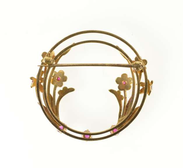 14K Yellow Gold 1960's Retro Ruby Floral Bouquet Circle Pin/Brooch
