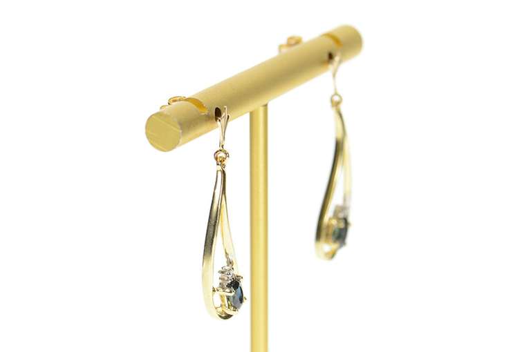10K Yellow Gold Oval Sapphire Diamond Tear Drop Dangle Earrings