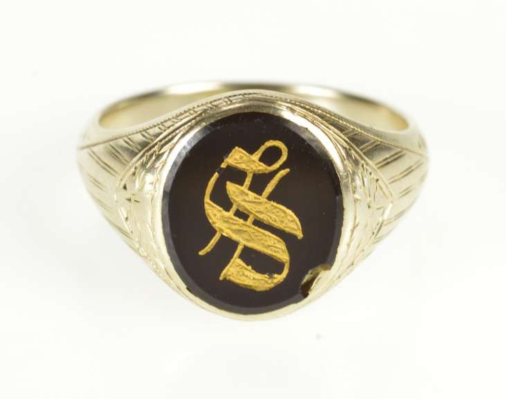 10K White Gold Art Deco Black Onyx S Monogram Letter Men's Ring