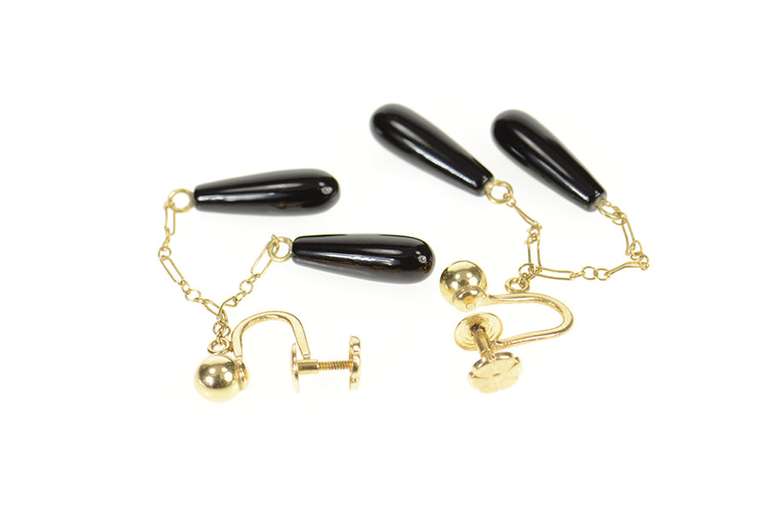 14K Yellow Gold Retro Black Onyx Drop Chain Fringe Screw Back Earrings