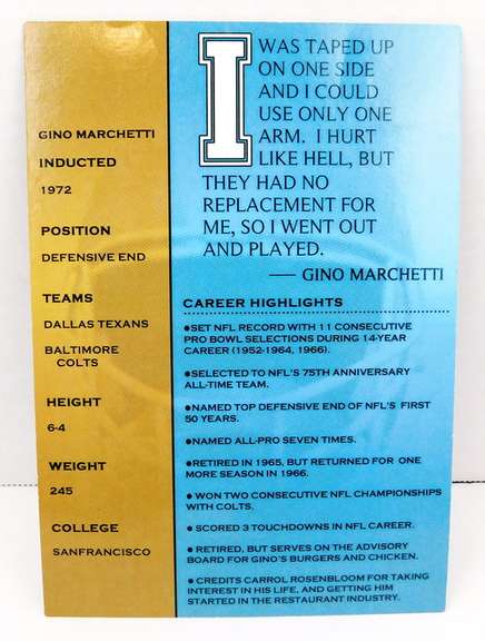 Gino Marcetti, Colts HOF 1972 Autographed Print