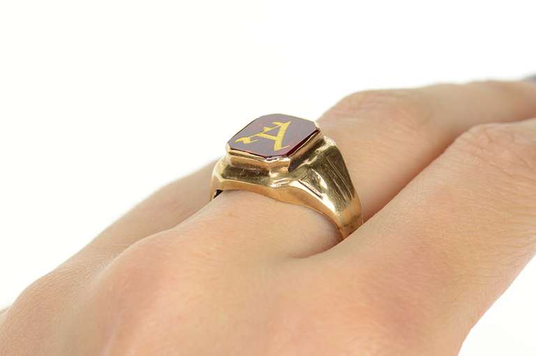 10K Yellow Gold A Etched Engraved Monogram Initial Syn. Ruby Ring