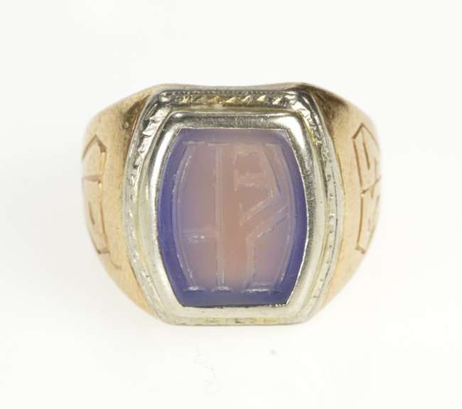 14K Yellow Gold Art Deco Etched Blue Chalcedony Monogram Ring