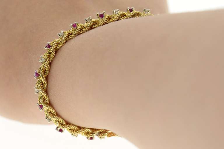14K Yellow Gold Retro Ruby Diamond Rope Woven Chain Bracelet