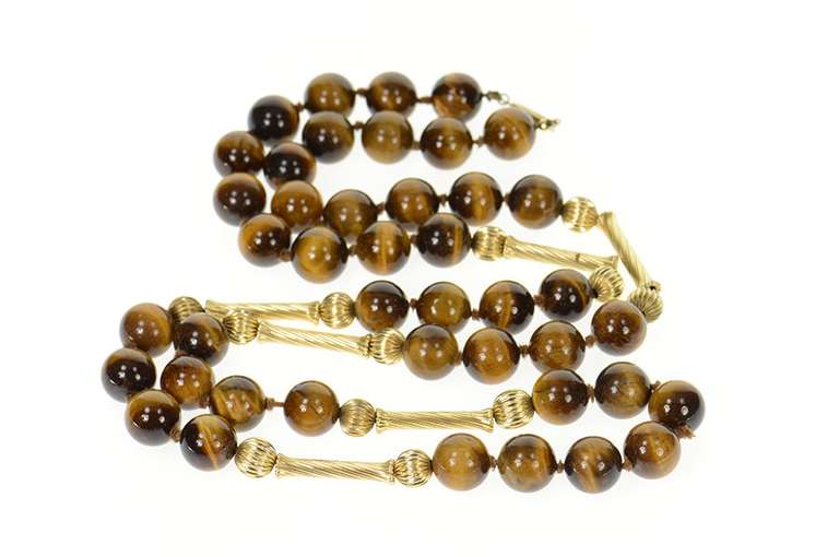Gold Filled Retro Tiger's Eye Twist Bead Opera Chain Necklace