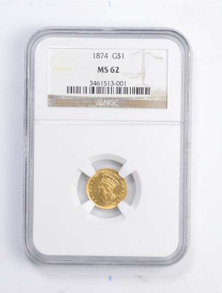 MS62 1874 $1.00 Indian Princess Head Gold Dollar - Graded NGC