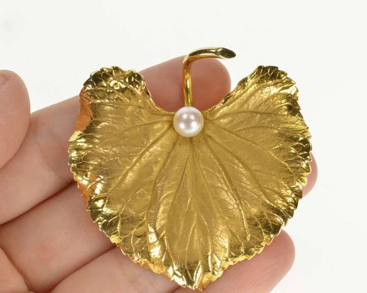 14K Yellow Gold Retro Huge Pearl Satin Finish Leaf Pin/Brooch