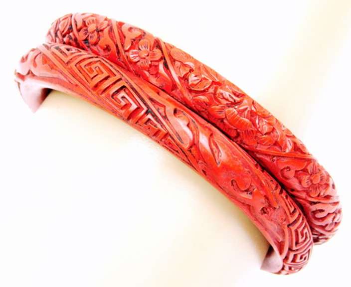 2 Vintage Carved Cinnabar Bangles