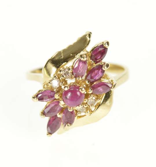 14K Yellow Gold Marquise Ruby Diamond Bypass Cluster Cocktail Ring