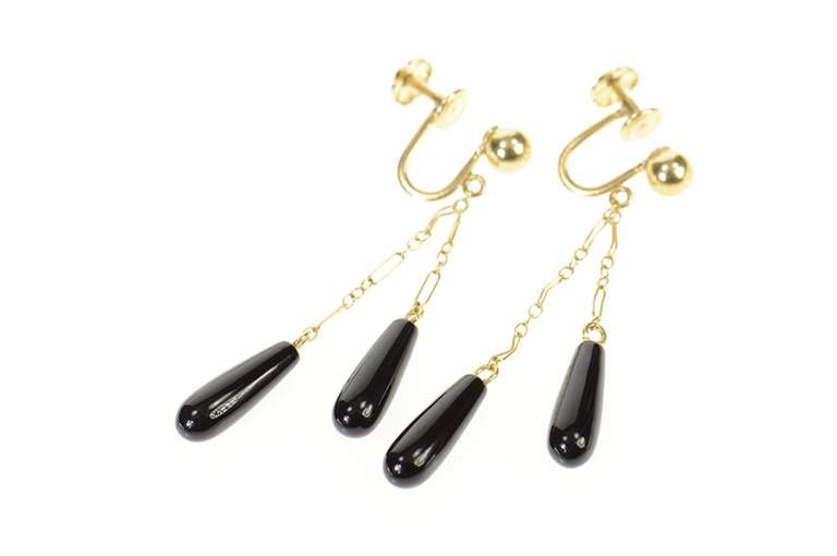14K Yellow Gold Retro Black Onyx Drop Chain Fringe Screw Back Earrings