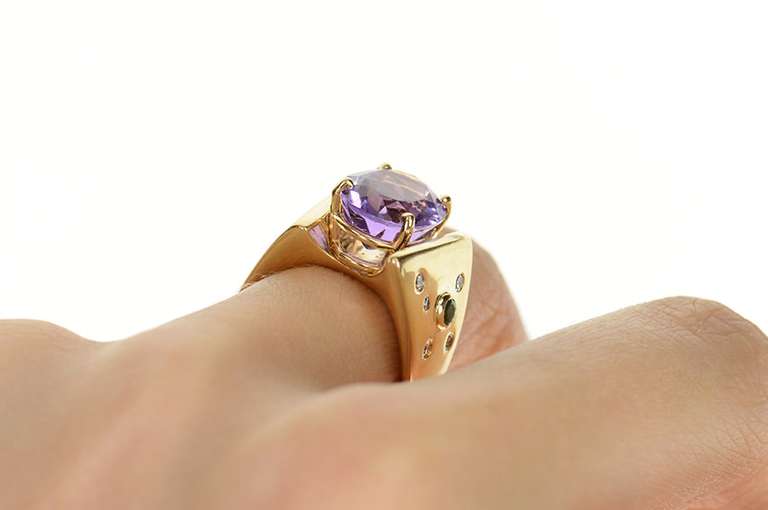 14K Yellow Gold Amethyst Geometric Flush Diamond Emerald Ring