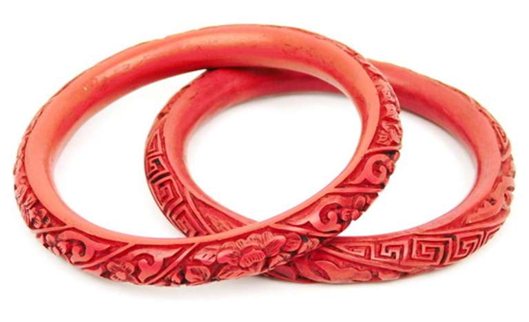 2 Vintage Carved Cinnabar Bangles