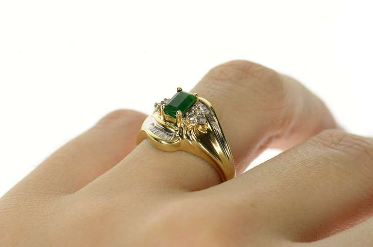 10K Yellow Gold Natural Emerald Diamond Accent Bypass Ring