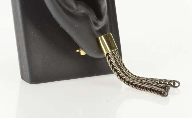 14K Yellow Gold Two Tone Foxtail Chain Dangle Statement Earrings