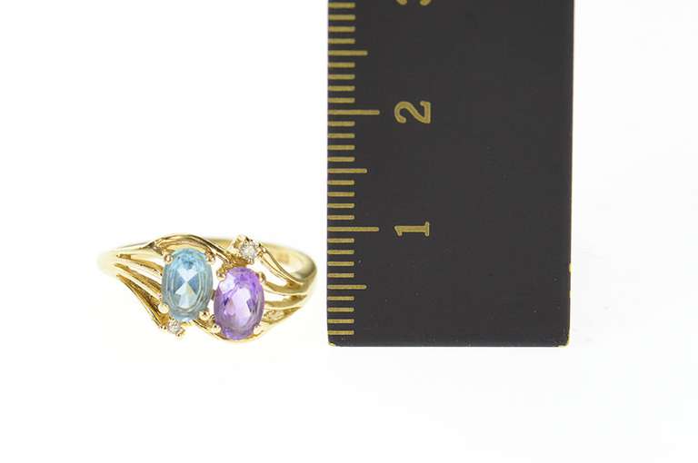 14K Yellow Gold Amethyst Blue Topaz Diamond Accent Bypass Ring