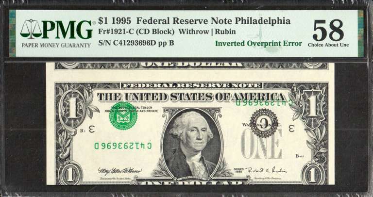 $1 1981 Cutting Error showing tip of sheet