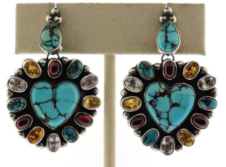 Sterling Silver Heart Shape Turquoise Drop Earrings