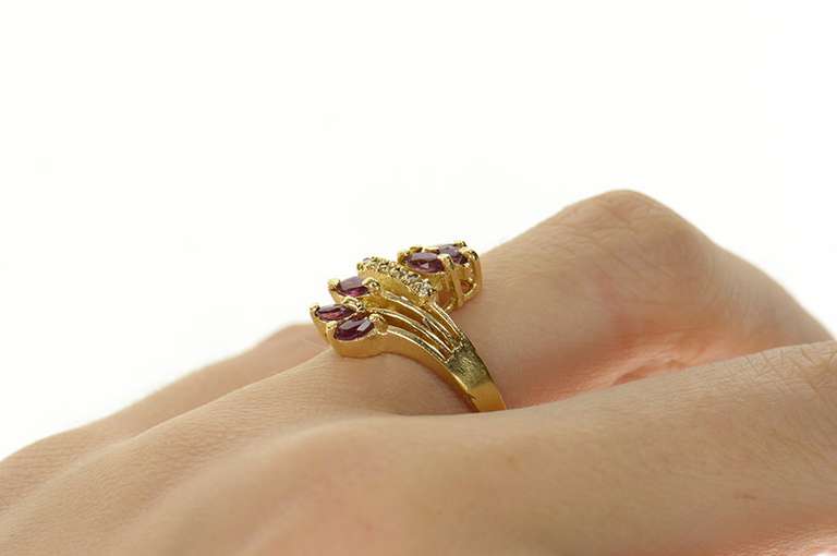 14K Yellow Gold Ruby Marquise Cluster Diamond Accent Bypass Ring