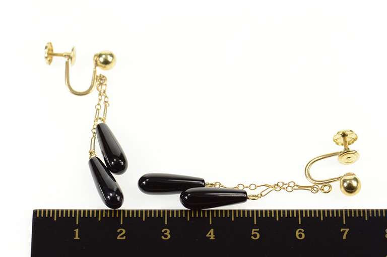 14K Yellow Gold Retro Black Onyx Drop Chain Fringe Screw Back Earrings