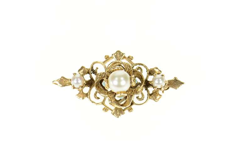 14K Yellow Gold Victorian Pearl Turquoise Ornate Scroll Pin/Brooch