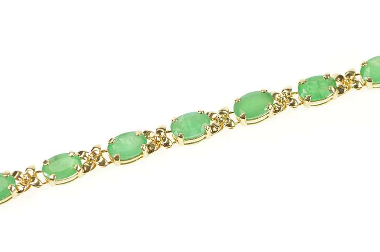14K Yellow Gold 5.10 Ctw Oval Natural Emerald Flower Link Bracelet