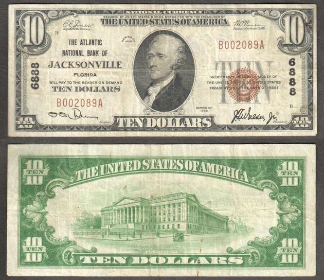 $10 1929-1 NBN JACKSONVILLE, FL ATLANTIC NB JACKSONVILLE Ch 6888 TOUGH STATE VF