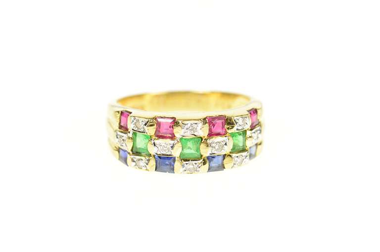 18K Yellow Gold Tiered Ruby Diamond Sapphire Emerald Band Ring