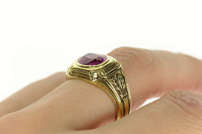 14K Yellow Gold 1930's Syn. Pink Sapphire Ornate Men's Ring