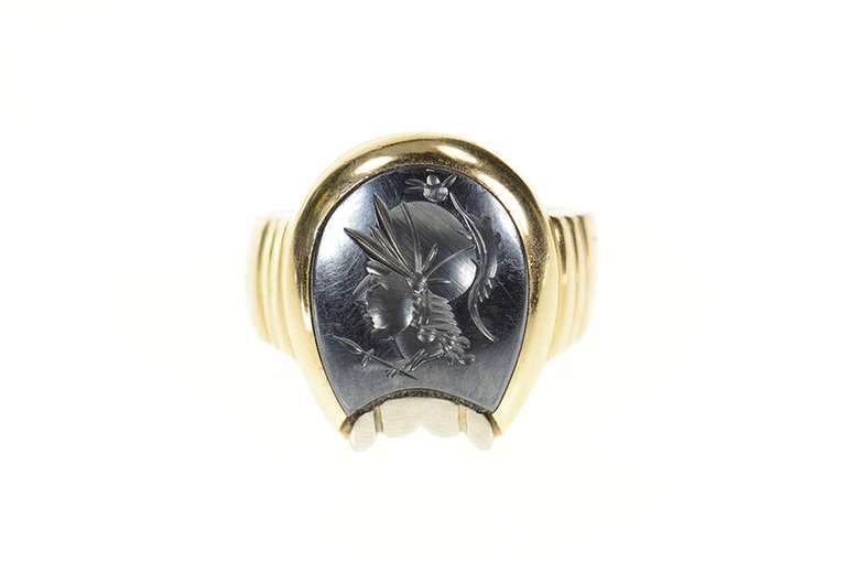 10K Yellow Gold 1960's Carved Horseshoe Hematite Men's Ring