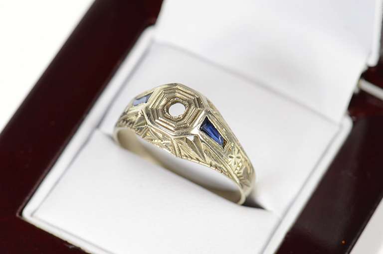 14K White Gold Art Deco 2.5mm Sapphire Accent Setting Ring