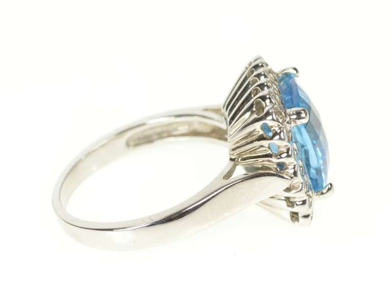 14K White Gold Cushion Blue Topaz Scalloped Diamond Halo Ring