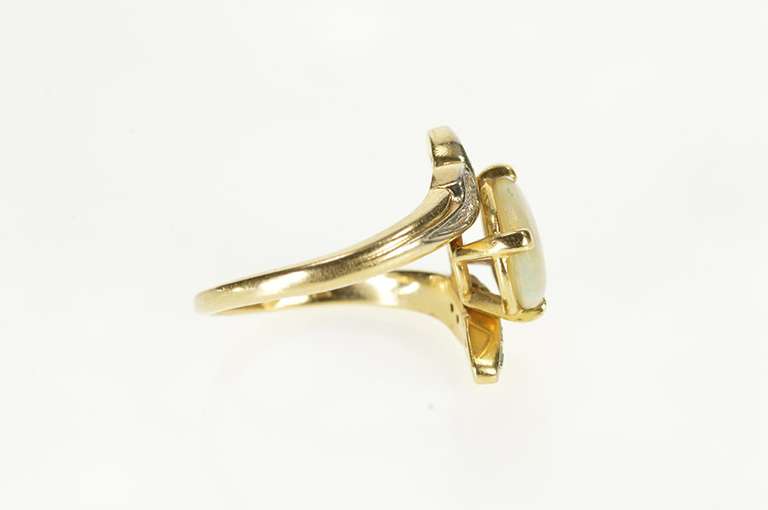 14K Yellow Gold Oval Natural Opal Diamond Petal Accent Bypass Ring
