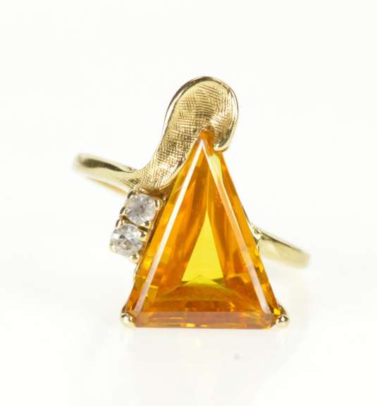 14K Yellow Gold Retro 1960's Triangle Citrine CZ Cocktail Ring