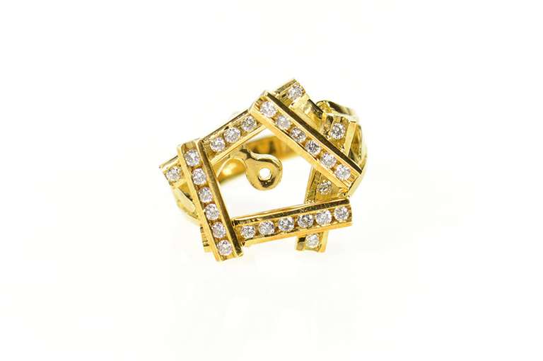 18K Yellow Gold 0.52 Ctw Retro Geometric Frame Statement Ring