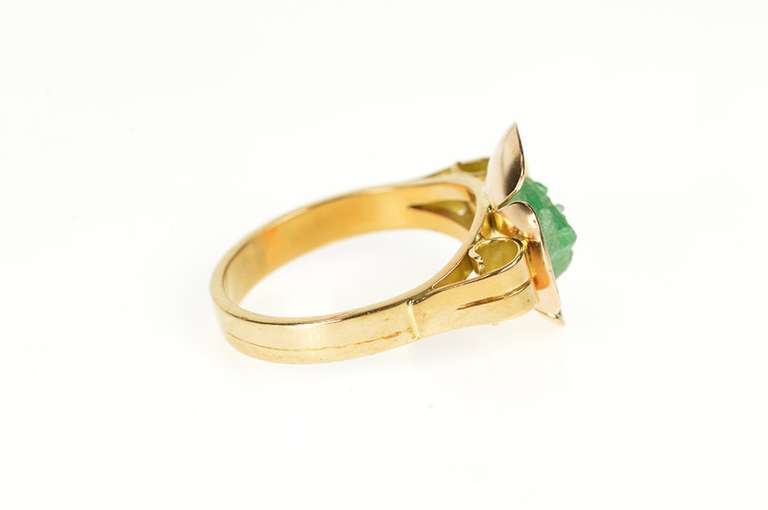 14K Yellow Gold Retro Ornate Raw Emerald Floral Motif Statement Ring