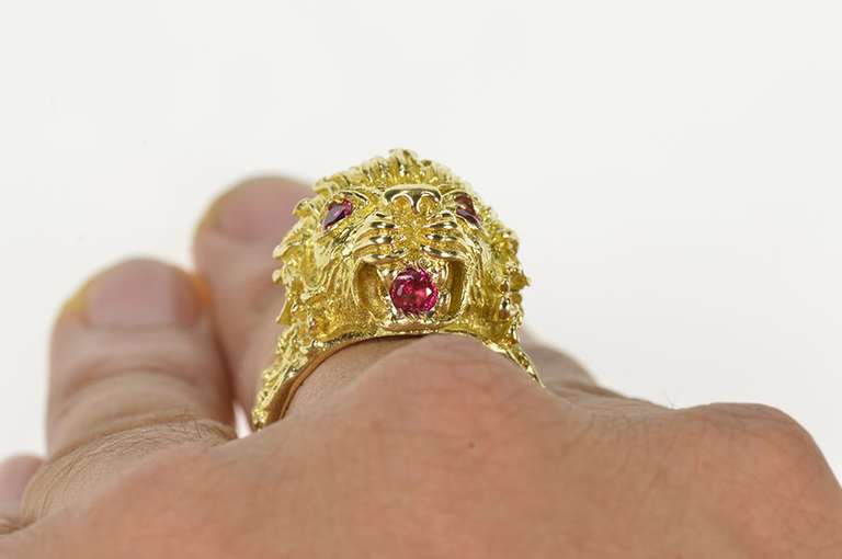 14K Yellow Gold 1960's Ornate Ruby Lion Statement Men's Ring