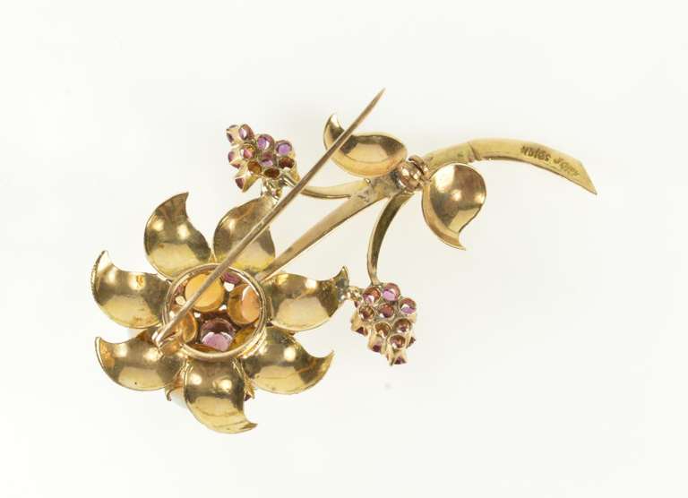 14K Yellow Gold Natural Opal Ruby Etched Flower Statement Pin/Brooch